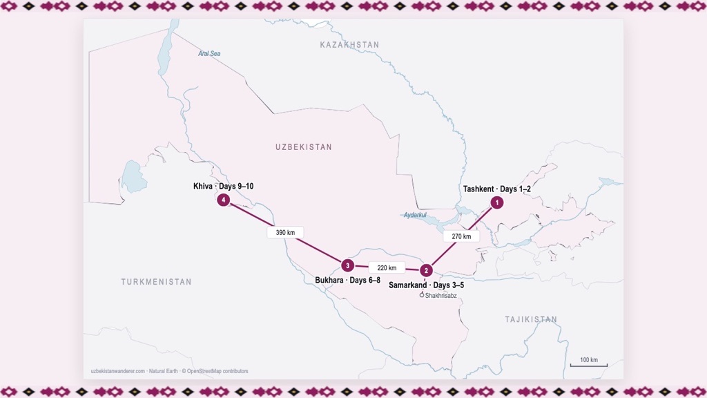 Uzbekistan Wanderer artwork for The Perfect 10-Day Uzbekistan Itinerary (2026), with our own map