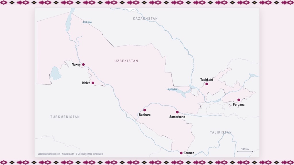 Uzbekistan Wanderer artwork for Getting Around Uzbekistan: Trains, Taxis & Flights (2026), with our own map