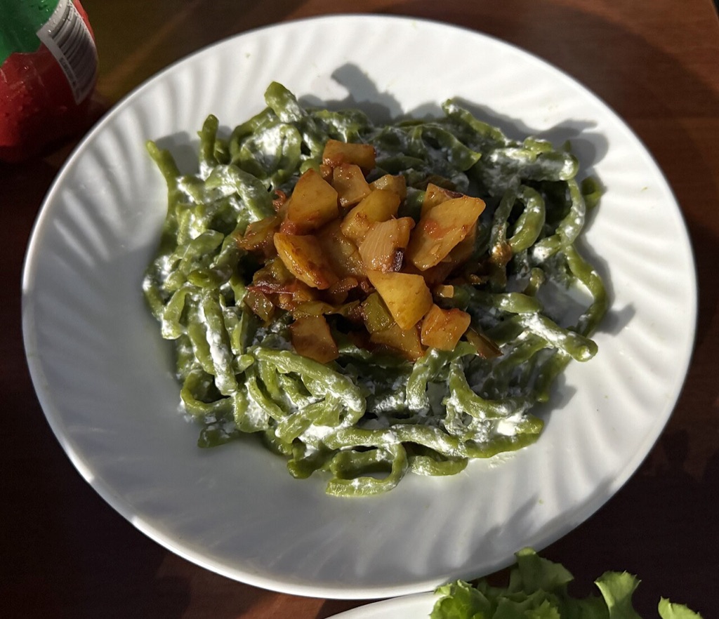 Shivit oshi, the dill-green noodle dish of Khorezm, served under a vegetable and meat topping