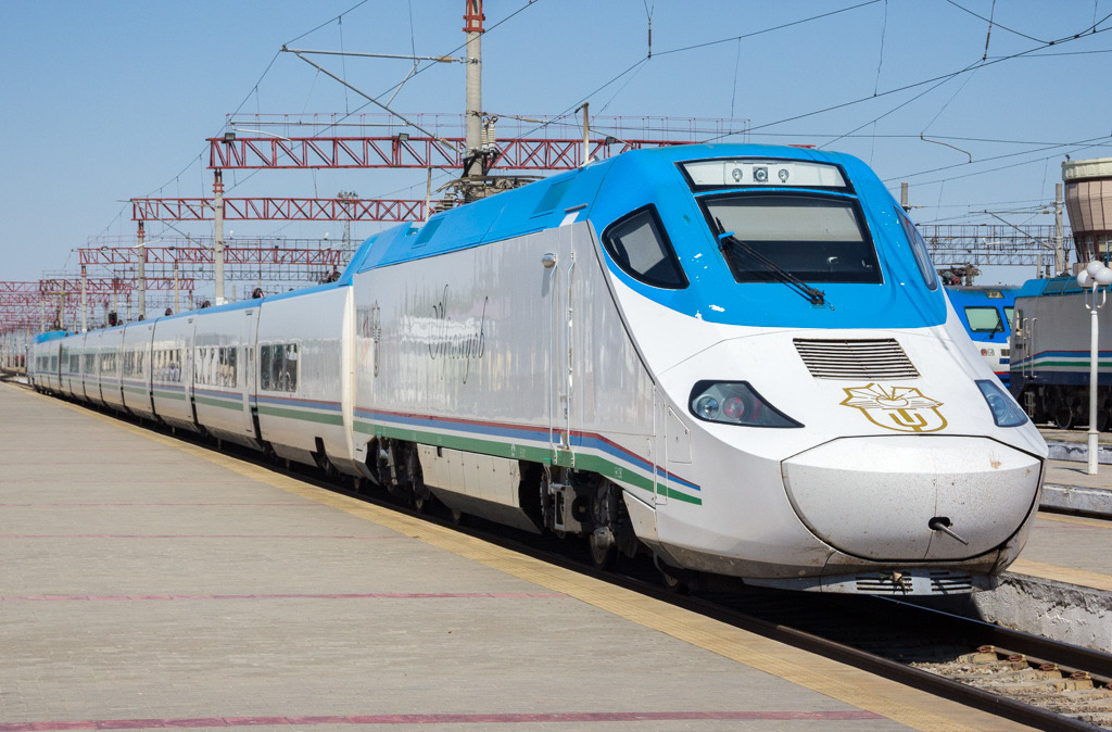 An Afrosiyob high-speed train standing at Bukhara station, the service most affected by Uzbekistan's ticket cancellation fees