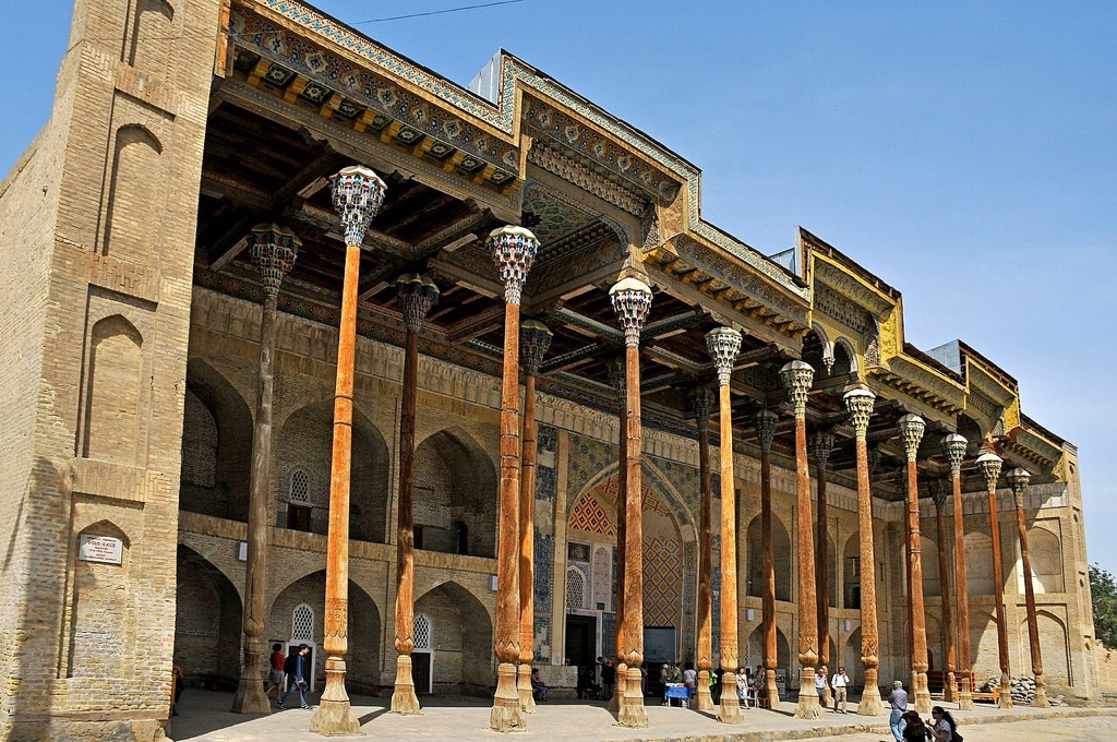 The carved wooden pillars of the Bolo Hauz mosque in Bukhara, a working mosque that still holds Friday prayers